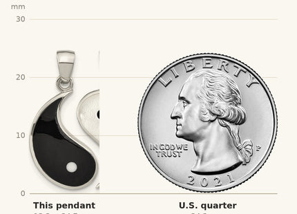 True size: Sterling Silver Rhod-pltd MOP/Black Resin Yin Yang 2 Piece Pendant shown next to a US quarter (24.3 mm)