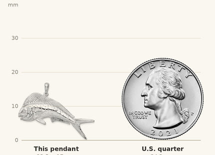 True size: De-Ani Sterling Silver Rhodium-Plated Polished Mahi-Mahi Fish Pendant, 17 x 22mm shown next to a US quarter (24.3 mm)