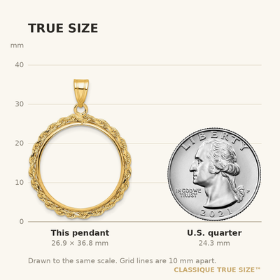 Wideband Distinguished Coin Jewelry 14K Polished Rope Prong Coin Bezel Pendant, 36.75 x 26.35mm