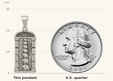 Classique True Size: Sterling Silver Antiqued Stacked Elephants Engraved Pendant shown next to a US quarter (24.3 mm)