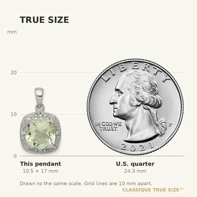 Sterling Silver Rhodium Plated Green Quartz and Diamond Pendant, 17 x 11mm