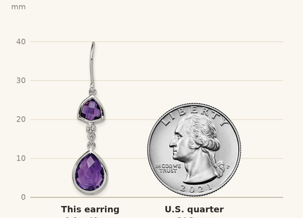 Classique True Size: Sterling Silver Rhodium Plated Diamond and Amethyst Dangle Earrings shown next to a US quarter (24.3 mm)