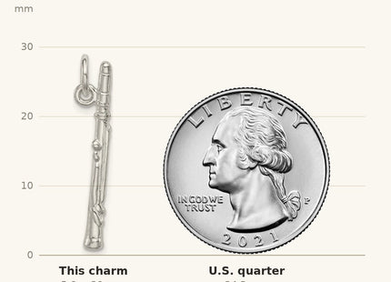 True size: Sterling Silver Clarinet Charm shown next to a US quarter (24.3 mm)