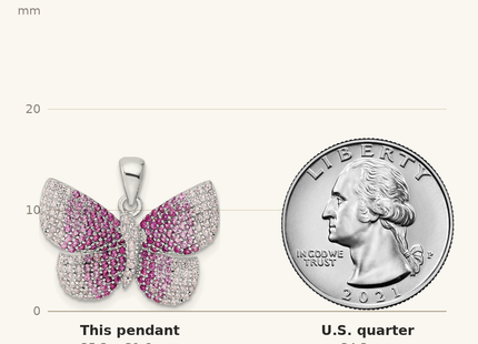 Classique True Size: Sterling Silver Rhodium-plated Polished Pink CZ Butterfly Pendant shown next to a US quarter (24.3 mm)