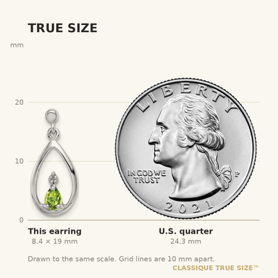Sterling Silver Rhodium Plated Pear Peridot and Diamond Post Earrings, 19 x 8mm