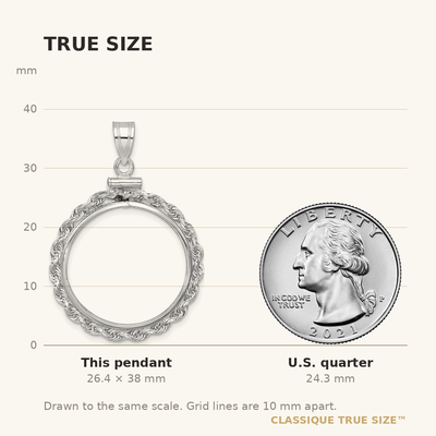 Wideband Distinguished Coin Jewelry 14K White Gold Polished Rope x Screw Top Coin Bezel Pendant, 38 x 27mm
