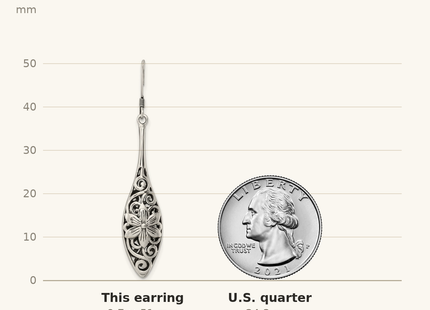 Classique True Size: Sterling Silver Polished Antiqued Floral Teardrop Shepherd Hook Earrings shown next to a US quarter (24.3 mm)