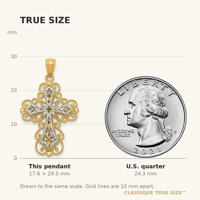 14K Two-tone Gold Polished 2 Level Filigree Cross Pendant