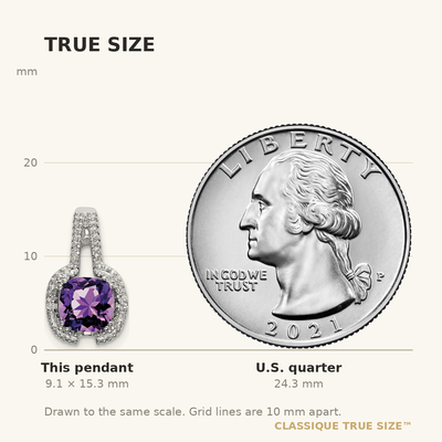 14K White Gold Cushion Amethyst and Diamond Pendant, 15.3 x 9.1mm