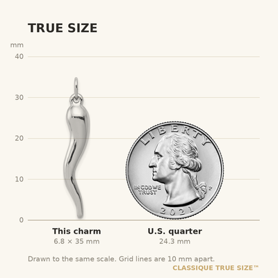 14K White Gold 3D Italian Horn Charm, 35 x 5mm