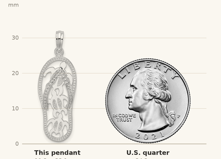 Classique True Size: De-Ani Sterling Silver Rhodium-Plated 3D Cut-Out Turtles Flip-flop Pendant shown next to a US quarter (24.3 mm)