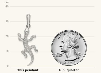 Classique True Size: De-Ani Sterling Silver Rhodium-Plated Polished and Textured Gecko Pendant shown next to a US quarter (24.3 mm)