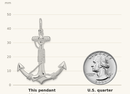 Classique True Size: De-Ani Sterling Silver Rhodium-Plated Polished Anchor with Rope Pendant shown next to a US quarter (24.3 mm)