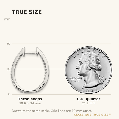 14K White Gold In/Out Diamond Hinged Hoop Earrings, 24 x 20mm