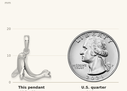 Classique True Size: De-Ani Sterling Silver Rhodium-Plated Polished Seal Pendant shown next to a US quarter (24.3 mm)