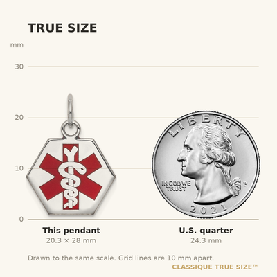 14K White Gold Hexagon Red Enameled Medical Jewelry Pendant, 28 x 23mm