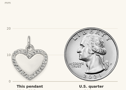 Classique True Size: Sterling Silver Rhodium-plated Polished CZ Engraveable Heart Pendant shown next to a US quarter (24.3 mm)