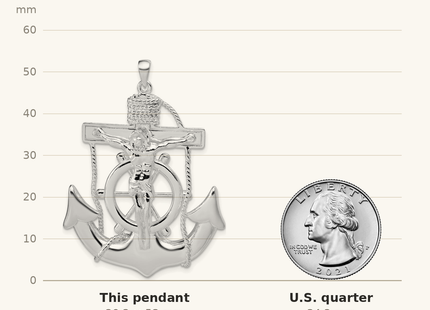 Classique True Size: Sterling Silver Polished Mariner Cross Pendant shown next to a US quarter (24.3 mm)