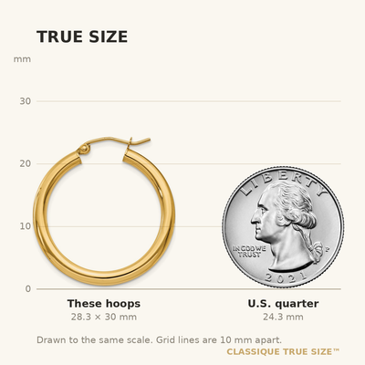 14K Polished Lightweight Tube Hoop Earrings, 30 x 3mm