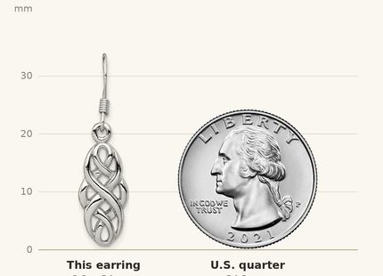 Classique True Size: Sterling Silver Rhodium-plated Infinity Celtic Design Dangle Earrings shown next to a US quarter (24.3 mm)
