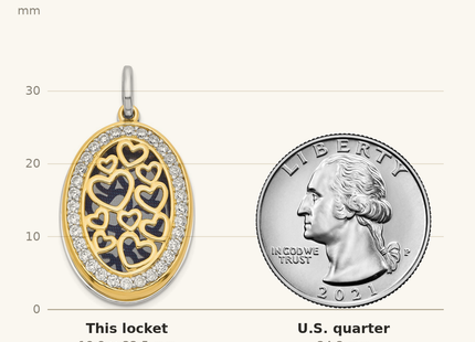Classique True Size: Sterling Silver Yellow & White Rhodium-plated Heart CZ Swing Locket shown next to a US quarter (24.3 mm)