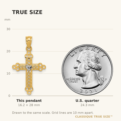 14K w/Rhodium Budded Cross Pendant, 28 x 16mm