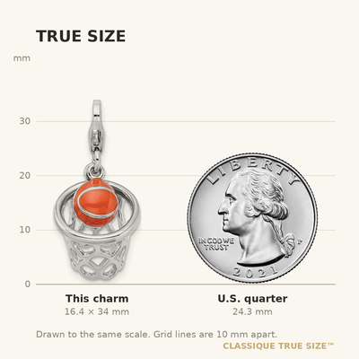 Amore La Vita Sterling Silver Rhodium-plated Polished 3-D Moveable Enameled Basketball in Net Charm with Fancy Lobster Clasp