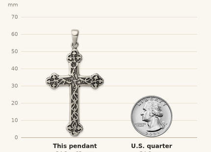 Classique True Size: Sterling Silver Antiqued Thorn Cross Pendant shown next to a US quarter (24.3 mm)