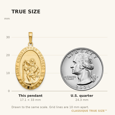 14K Saint Christopher Medal Pendant, 33 x 17mm
