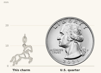 True size: Sterling Silver Polished Horse Charm shown next to a US quarter (24.3 mm)