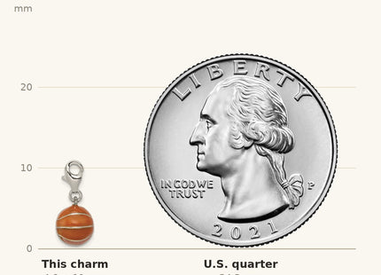 True size: Sterling Silver Rhodium-plated 3D Enameled Basketball Charm shown next to a US quarter (24.3 mm)