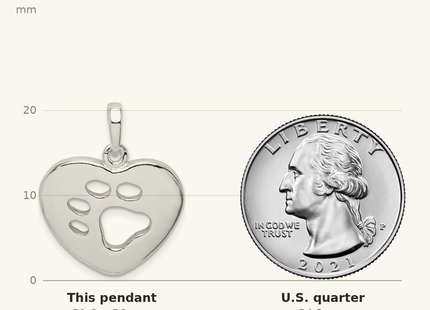Classique True Size: Sterling Silver Polished Heart with Paw Print Pendant shown next to a US quarter (24.3 mm)