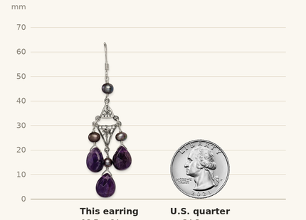 Classique True Size: Sterling Silver Antiqued Floral Filigree Amethyst/FWC Pearl Dangle Earrings shown next to a US quarter (24.3 mm)