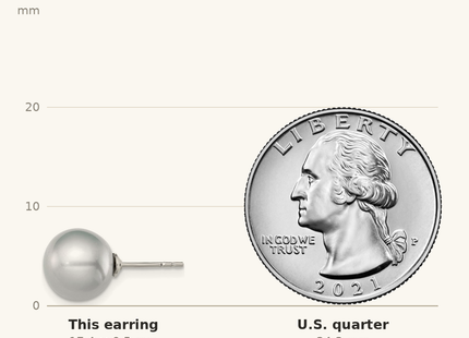 Classique True Size: Sterling Silver Rhodium-plated 9- Grey Round Freshwater Cultured Pearl Post Earrings shown next to a US quarter (24.3 mm)
