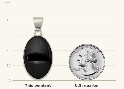 Classique True Size: Sterling Silver Rhodium-plated Onyx Polished Oval Pendant shown next to a US quarter (24.3 mm)