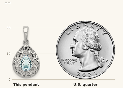 Classique True Size: Sterling Silver Rhodium Plated Aquamarine Teardrop Pendant shown next to a US quarter (24.3 mm)