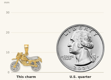 True size: 14k Two-tone 3-D Moveable Dirt Bike Motorcycle Charm shown next to a US quarter (24.3 mm)
