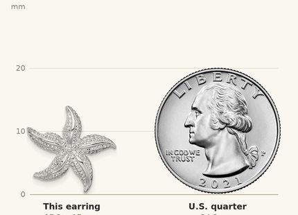 Classique True Size: De-Ani Sterling Silver Rhodium-Plated Polished Small Starfish Post Earrings shown next to a US quarter (24.3 mm)
