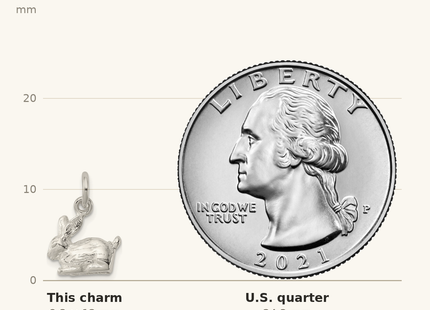 Classique True Size: Sterling Silver 3-D Rabbit Charm shown next to a US quarter (24.3 mm)