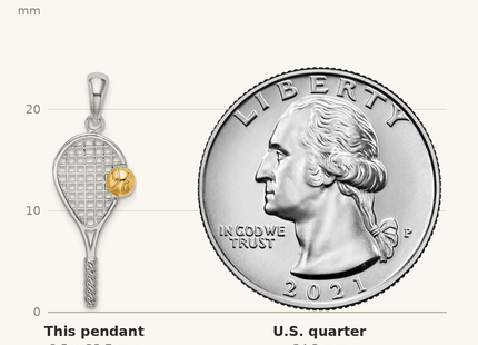 Classique True Size: De-Ani Sterling Silver Rhodium-Plated Polished Tennis Racquet with 14k Ball Pendant shown next to a US quarter (24.3 mm)