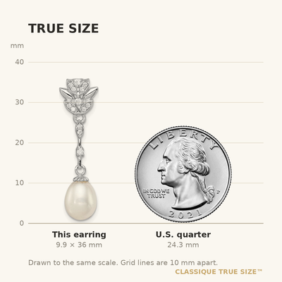 Sterling Silver Rhodium-plated White Teardrop Freshwater Cultured Pearl and CZ Post Dangle Earrings, 36 x 8 to 9mm