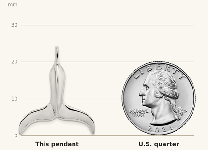 Classique True Size: De-Ani Sterling Silver Rhodium-Plated Polished 3D Whale Tail Pendant shown next to a US quarter (24.3 mm)