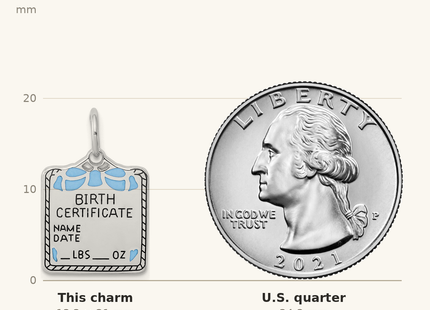 Classique True Size: Sterling Silver Rhodium-plated Blue Birth Certificate Polished Charm shown next to a US quarter (24.3 mm)
