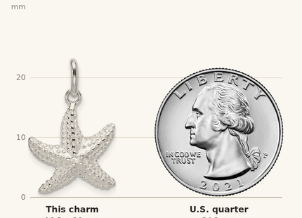 Classique True Size: Sterling Silver Polished and Textured Starfish Charm shown next to a US quarter (24.3 mm)