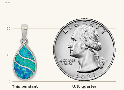 Classique True Size: Sterling Silver Rhodium-plated Created Opal Inlay Teardrop Pendant shown next to a US quarter (24.3 mm)