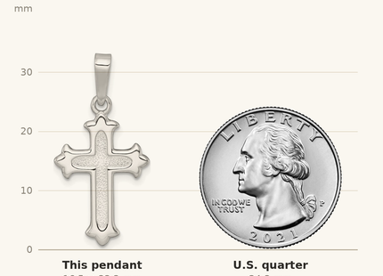 Classique True Size: Sterling Silver Polished and Textured Fleur de Lis Cross Pendant shown next to a US quarter (24.3 mm)