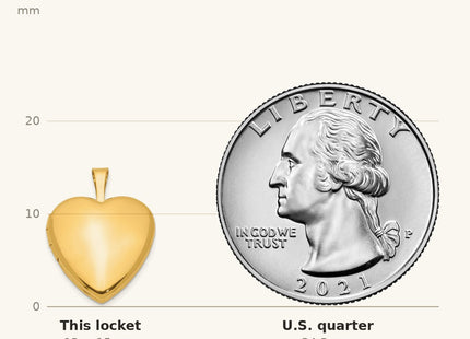 True size: 1/20 Gold Filled Satin and Polished 2-Frame Heart Locket shown next to a US quarter (24.3 mm)