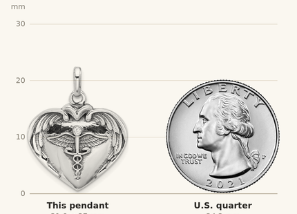 Classique True Size: Sterling Silver Rh-plated Caduceus Heart and Wings CZ Oxidized Pendant shown next to a US quarter (24.3 mm)