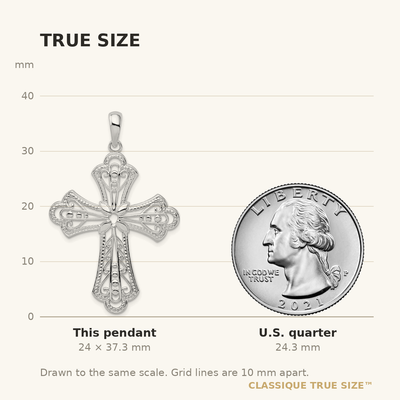 De-Ani Sterling Silver Rhodium-plated Polished Filigree Bead Edge Fleur de Lis Cross Pendant