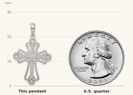 Classique True Size: De-Ani Sterling Silver Rhodium-plated Polished Beaded Fleur de Lis Cross Pendant shown next to a US quarter (24.3 mm)